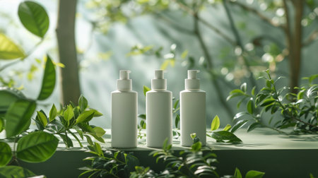 Mock up of natural beauty products. White cosmetic bottles with green leaves on light natural green blurred background. Soft image, soft focus style. Organic cosmetic products concept. Generative ai.の素材