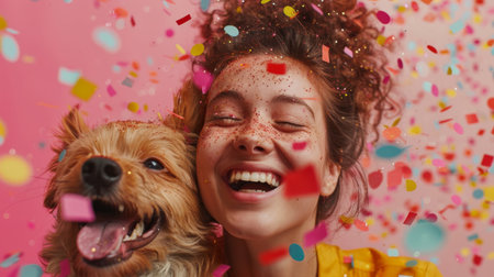 Young woman and her dog in a moment of joyful birthday celebration. Concept of love between woman and pet. Happy Birthday greeting card. Generative ai.の素材