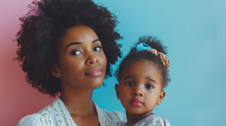 Afro-American Mother and little daughter on pink blue background, Mother's Day, love family, parenthood, childhood concept. Generative ai.の素材