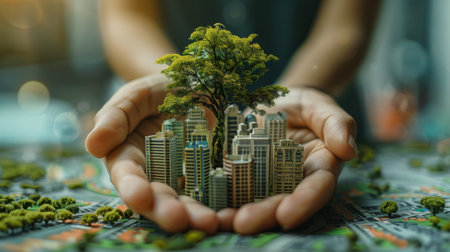 Man modeling sustainable green city concept with eco friendly white buildings and small trees from paper, representing urban planning and environmental conservation. Generative ai.の素材