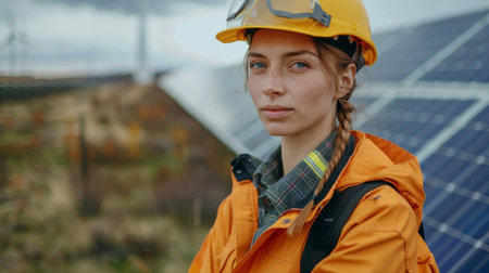 Young woman engineer in safety helmet near environmentally friendly photovoltaic plant installation, solar panel farm and wind turbines built in nature in a field. Generative ai.の素材