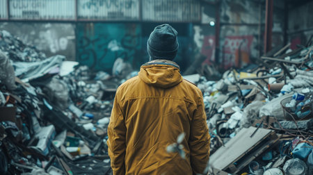 A man stands with his back against a large pile of garbage. The concept of environmental pollution and over-consumption. Generative ai.の素材