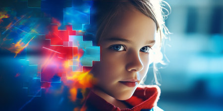 Young Girl and Puzzle Pieces, blue background. World Autism Awareness Day or month concept for April 2. Symbol of awareness for autism spectrum disorder. Generative ai.の素材