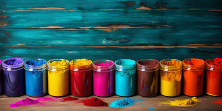 Happy Holi the Hindu Festival. Open paint cans with bright, colorful pigments on blue rustic wood. Concept Indian color festival. Vibrant Powder Colors in Glass Jars on Wooden Surface. Generative ai.の素材