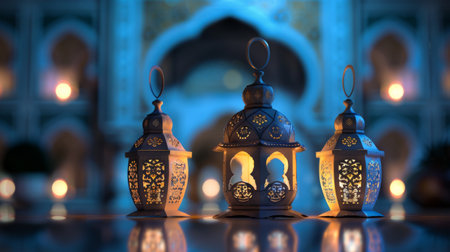 Ramadan Kareem concept with lanterns, golden crescent, star and islamic design decoration on blue background with empty space. Generative ai.の素材