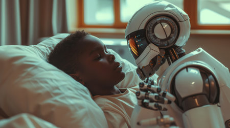 Humanoid robot, ai medical doctor diagnosing patient little boy who is lying in hospital bed. VR, innovation and science to the future. Generative ai.の素材