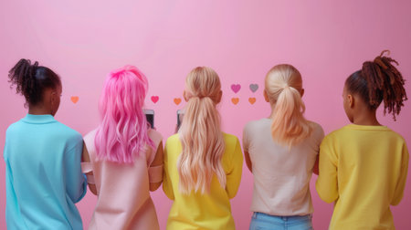 Group of teenage girls holding mobile phones watching video, chatting, communication online on pink background. Technology addiction, social media concept. Gen Alpha kids. Generative ai.の素材