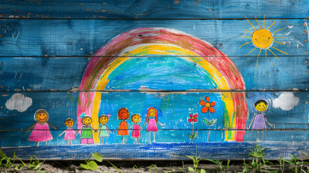 International Children's Day paper card concept. Happy family with children and parents against the background of a rainbow. Generative ai.の素材