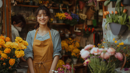 Young woman florist gardener wearing an apron standing in flower shop. Female Small business owner in her florist shop. Generative ai.の素材