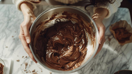 Steel bowl of chocolate being melted on a table. Young woman mixing the melted chocolate. World chocolate day concept. Generative ai.の素材