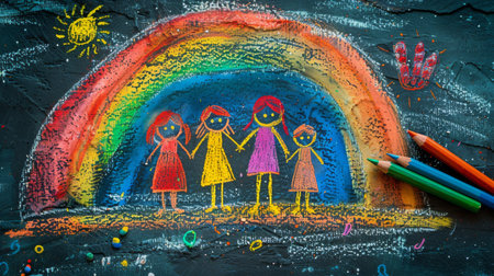 International Children's Day paper card concept. Happy family with children and parents against the background of a rainbow. Generative ai.の素材