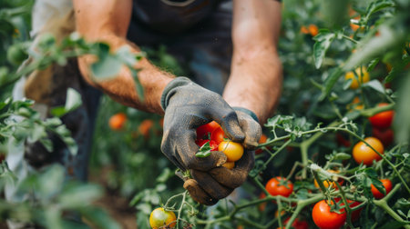 Man farmer in gloves harvesting ripe tomatoes in plot on background of garden at sunny day. Farmer holding freshly harvested organic vegetables at vegetable garden. Agriculture and healthy food concept. Generative ai.の素材