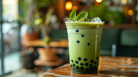 Matcha Bubble boba milk tea cup with tapioca pearls on table at cafe, copy space, blurred background. Festive holiday card for summer birthday party. Summer drink concept. Generative ai.の素材
