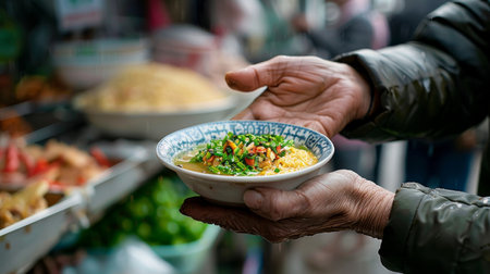 Poor homeless old woman or man with hot food in warming center. Food for charity. Food Bank. Homelessness Support. Generative ai.の素材