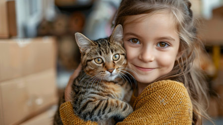 Family with children and pets moving to new home. Stack of cardboard boxes and little girl with cat in her hands. Moving to new home, relocation, renovation, delivery service, donation concept. Generative ai.の素材