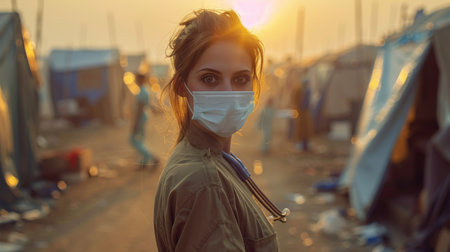 Young nurse volunteer woman in refugee camp, providing critical healthcare and support amidst a humanitarian tragedy. Generative ai.の素材