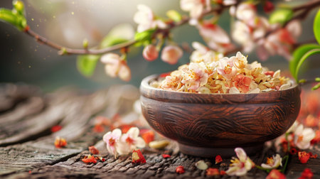 Chinese traditional medicine concept with herbal and spicy visuals using a traditional bowls. Preparing herbal remedies, highlighting the ancient wisdom of holistic healing. Generative ai.の素材