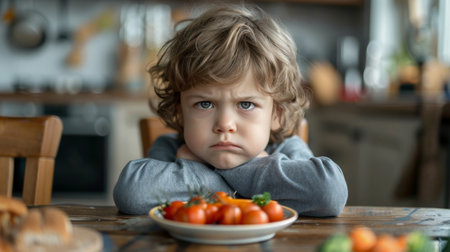 Unhappy little boy sitting in front of plate with healthy food in kitchen at home. Child do not want to eat healthy food, vegetable. Generative ai.の素材