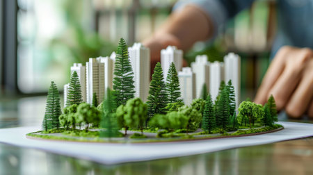 Man modeling sustainable green city concept with eco friendly white buildings and small trees from paper, representing urban planning and environmental conservation. Generative ai.の素材