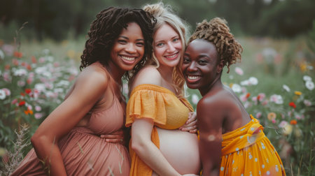 Group of young pregnant women with different ethnicities and skin color in a womans retreat, wearing summer desses and flowers. Nature background. Spiritual, relaxation, retreat concept. Generative ai.の素材