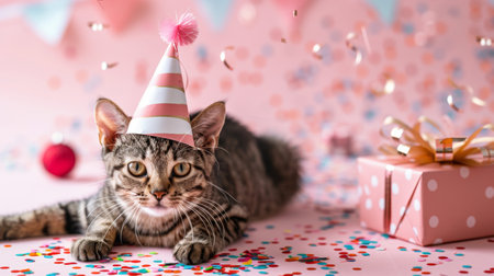 Cute cat wearing festive hat waiting for gifts on pastel pink blue background, copy space, birthday card concept. Birthday web line, confectionery, bakery, business concept. Generative ai.の素材