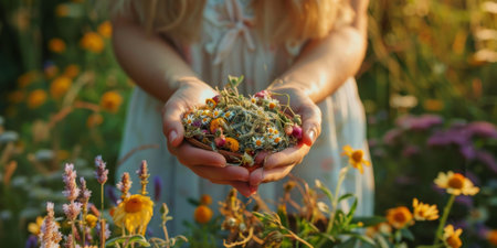 Young woman collects and dries medicinal herbs and flowers on nature sunny background. Herbal alternative medicine for holistic healing, healthy lifestyle concept. Generative ai.の素材