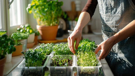 Woman tending to the plants on the kitchen windowsill. Containers of microgreens are on the kitchen windowsill. Raw food, healthy eating concept. Generative ai.の素材