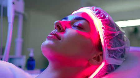 Young woman lying in an infrared therapy room surrounded by soft, undergoing facial therapy with red laser, warm light, blurred background. Skin care, cosmetology, anti aging concept. Generative ai.の素材