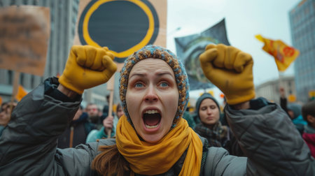 Environmental activists protesting against nuclear energy. Global Climate Strike, international, protests and action against climate change. Generative ai.の素材