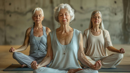 Three senior women sitting up on yoga mats in summer yoga class. Seniors doing yoga pilates exercises, gym in background. Healthy lifestyle and joyful elderly concept. Generative ai.の素材
