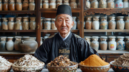 Chinese doctor of traditional Chinese medicine in his clinic, surrounded by natural medicines. Chinese traditional medicine concept, herbal and spicy visuals using traditional bowls. Generative ai.の素材
