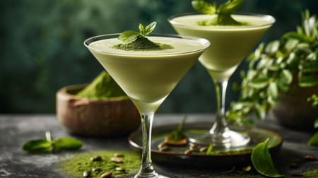 Creamy matcha martini - Matchatini, trendy cold summer cocktail. Matcha cocktails in martini glasses with green matcha powder. Generative ai.の素材