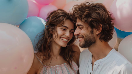 Happy couple - man and pregnant woman having a gender reveal party in blue and pink colors. Gender reveal, it is a boy or girl concept. Generative ai.の素材