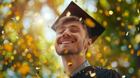 Young happy and joyful graduate, a gesture of the winner, on a nature background with colorful confetti. Generative ai.の素材