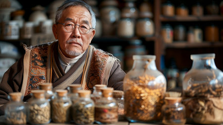 Chinese doctor of traditional Chinese medicine in his clinic, surrounded by natural medicines. Chinese traditional medicine concept, herbal and spicy visuals using traditional bowls. Generative ai.の素材