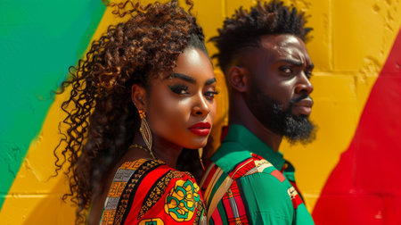 Young african-american man and woman over red yellow green black colors background. Juneteenth freedom day celebration. Generative ai.の素材