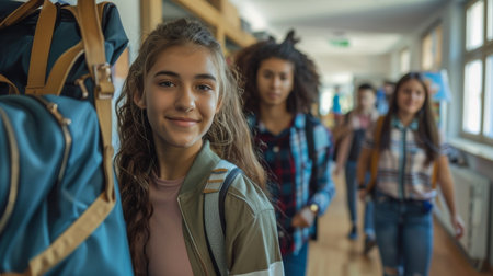 Different ethnicities university students moving at dorm, many luggage, bags near. Generative ai.の素材