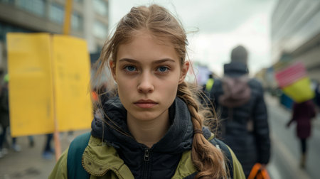 Environmental activists protesting against nuclear energy. Global Climate Strike, international, protests and action against climate change. Generative ai.の素材