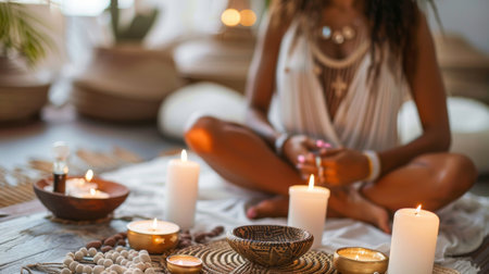 Spiritual retreat concept for women in a meditation space with warm lighting and oriental decor. Generative ai.の素材