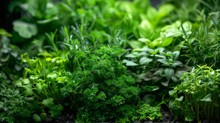 Indoor small green garden, with a variety of herbs and leafy greens. Flourishing under the purple LED illumination. Responsibility of looking after planet, healthy life concept. Generative ai.の素材