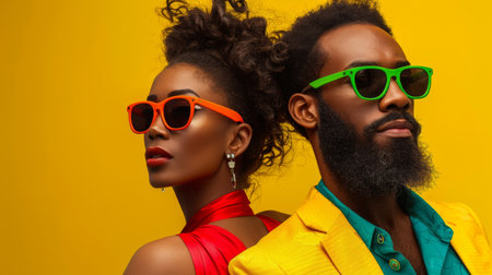 Young african-american man and woman over red yellow green black colors background. Juneteenth freedom day celebration. Generative ai.の素材