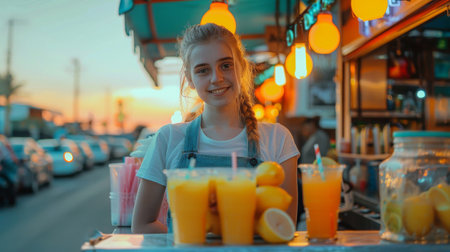 Young teenage girl makes and sells homemade lemonade on the street outside her house. The concept of extra income for teenagers. Summer sunny day. Generative ai.の素材
