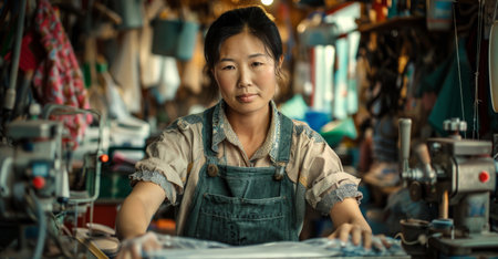 Woman working in a small factory, A sustainable fashion brand using circular economy principles and eco-friendly materials, promoting ethical production practices. Generative ai.の素材