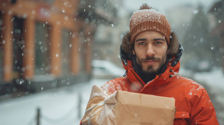 A handsome delivery man wearing an umiform, package in his hands. Generative ai.の素材