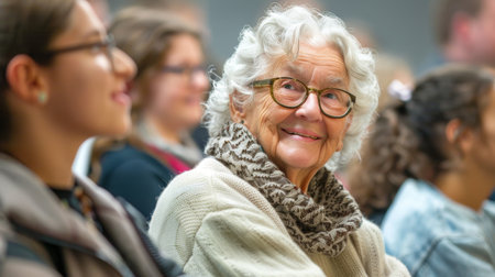 Happy senior woman is sitting at a lecture in class with young students. Continuous learning, Improvement concept. Generative ai.の素材