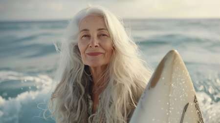 Portrait of a 60 year old white haired woman with surfboard at the beach. Fit elderly man having fun surfing. Elderly healthy people lifestyle and extreme sport concept. Generative ai.の素材
