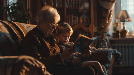 Grandmother and child hugging, spending time together at home. Love family, parenthood, childhood concept. Generative ai.の素材