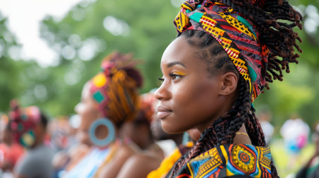 People celebrating the Juneteenth and African liberation day, dressed in colorful traditional and enjoying the festivities. Generative ai.の素材