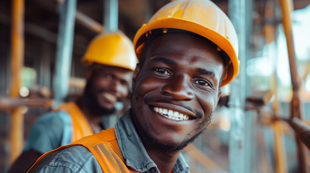 Black african american worker construction in hard safety helmet hat at work on construction site. Labor day concept. Generative ai.の素材