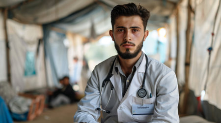 Young man volunteer doctor in refugee camp, providing critical healthcare and support amidst a humanitarian tragedy. Generative ai.の素材